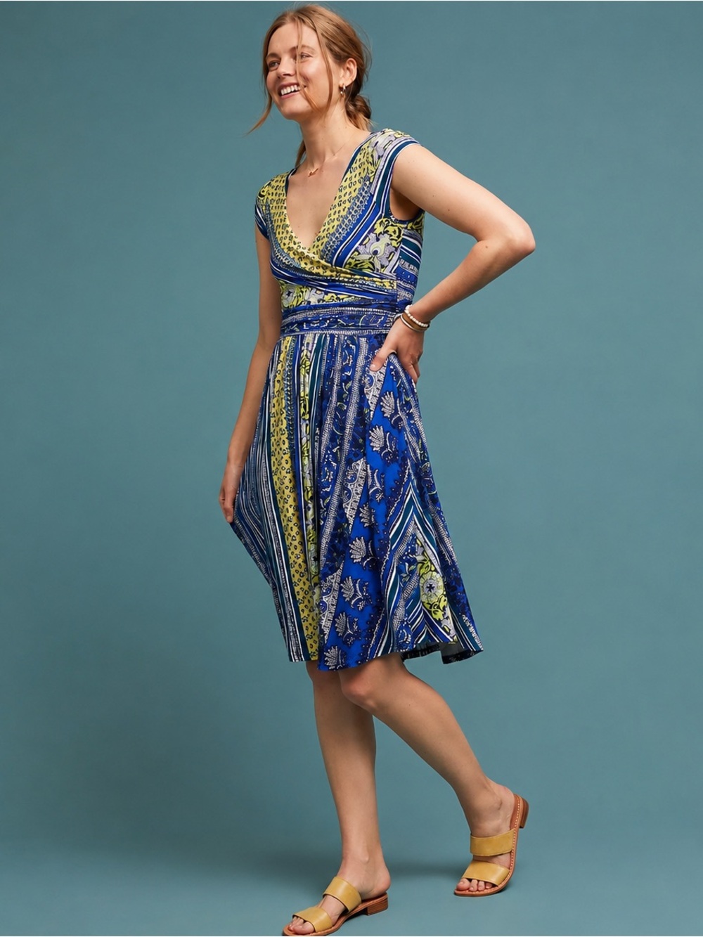 Anthropologie Maeve Tamera Surplice Dress Blue Yellow Print Size M